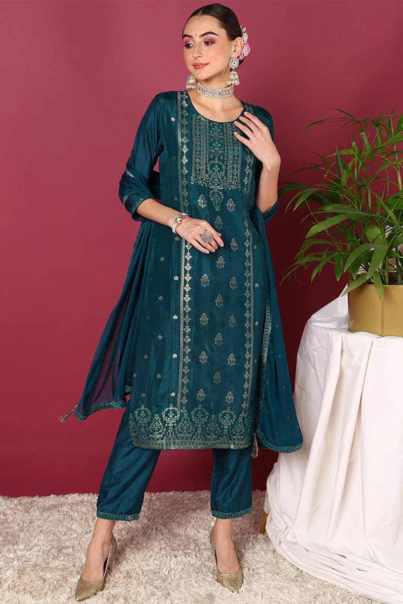 Teal Silk Blend Ethnic Motifs Woven Design 3-Piece Kurta Set