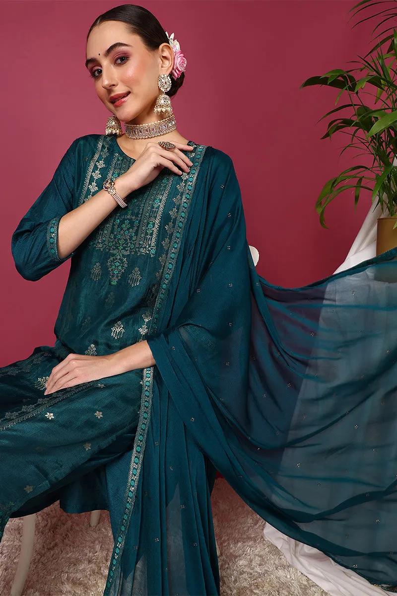 Teal Silk Blend Ethnic Motifs Woven Design 3-Piece Kurta Set