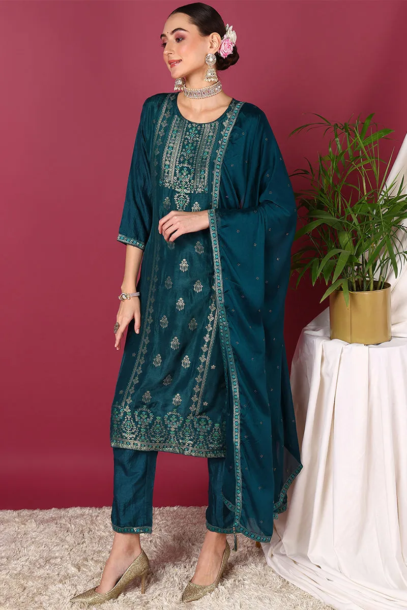 Teal Silk Blend Ethnic Motifs Woven Design 3-Piece Kurta Set