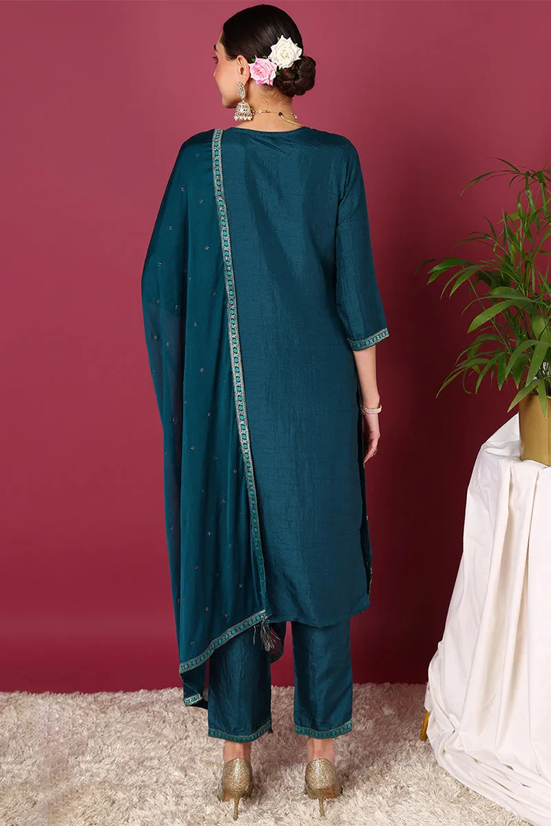 Teal Silk Blend Ethnic Motifs Woven Design 3-Piece Kurta Set