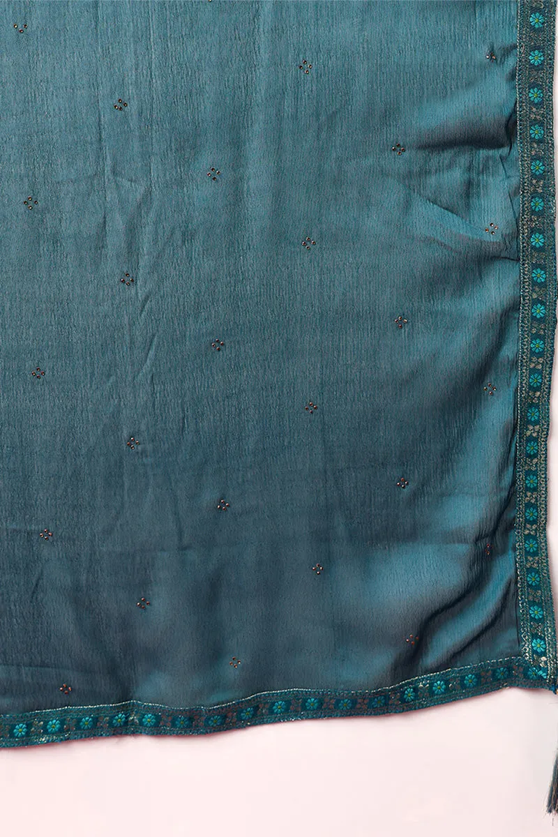 Teal Silk Blend Ethnic Motifs Woven Design 3-Piece Kurta Set
