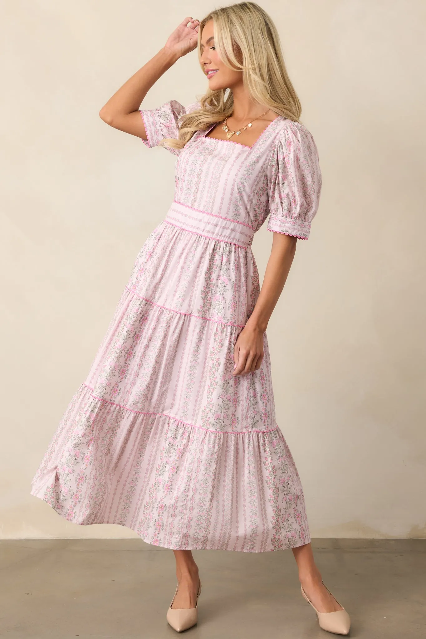 The Wildflower’s Song Cotton Light Pink Floral Midi Dress