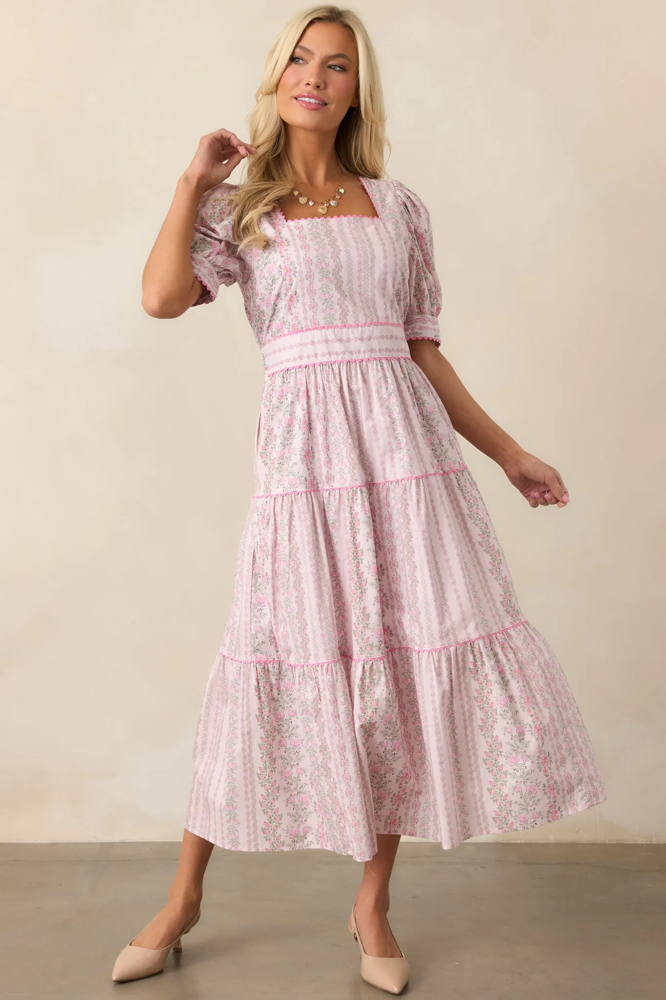 The Wildflower’s Song Cotton Light Pink Floral Midi Dress