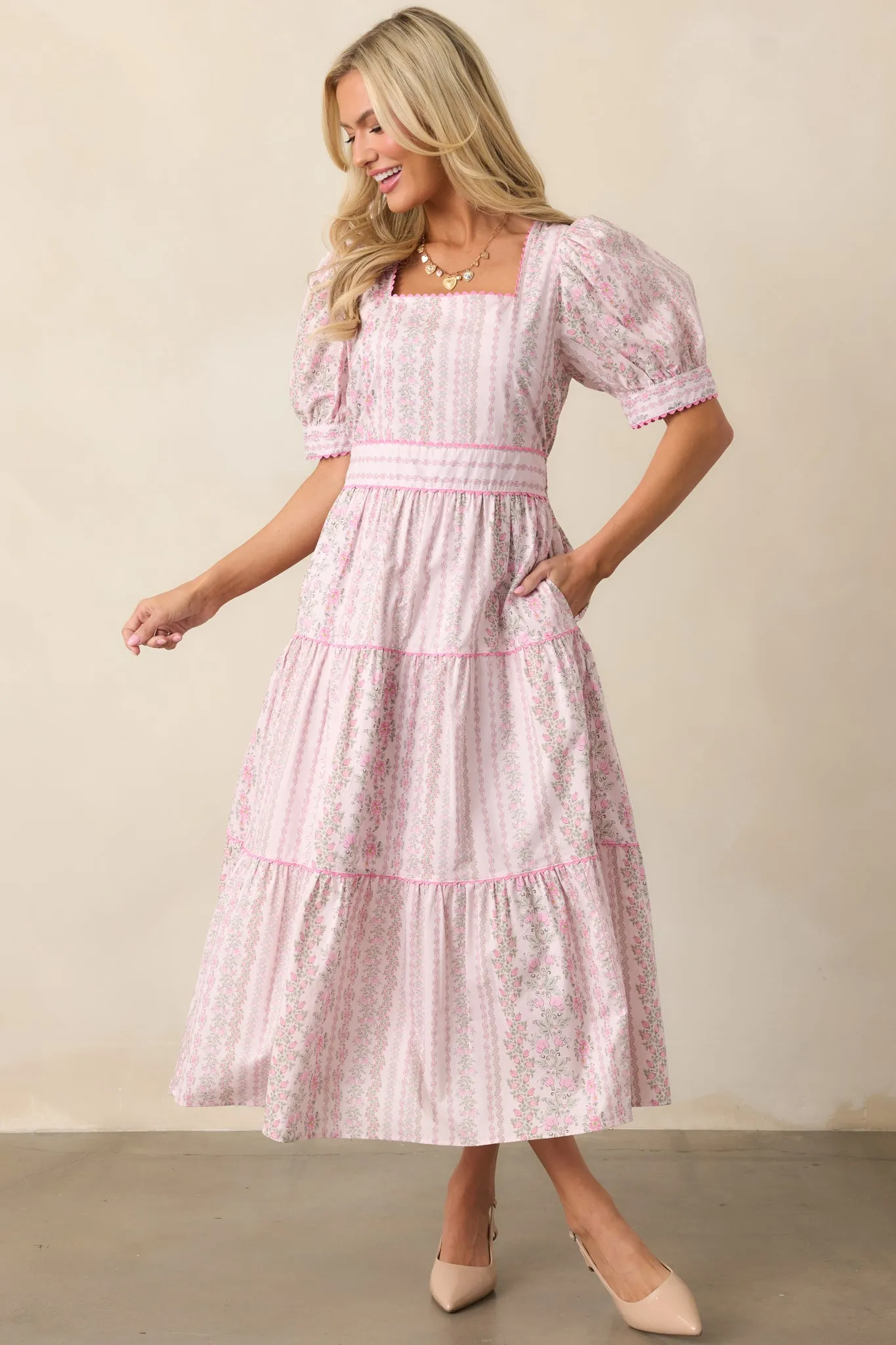 The Wildflower’s Song Cotton Light Pink Floral Midi Dress