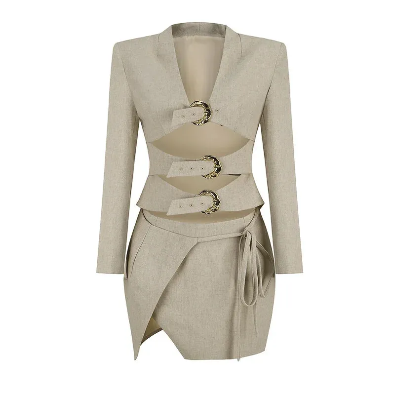 Trend4us Women's Chic Cutout Buckle Two-Piece Mini Skirt Suit