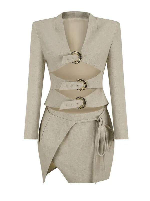 Trend4us Women's Chic Cutout Buckle Two-Piece Mini Skirt Suit