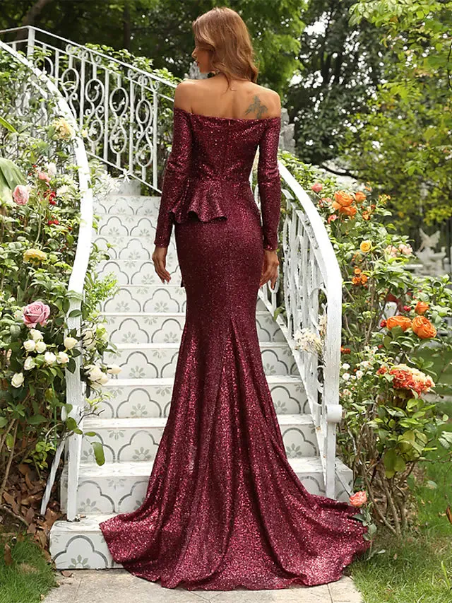 Trumpet Elegant Engagement Formal Evening Dress Off Shoulder Long Sleeve Court Train Polyester with Sequin Draping Slit