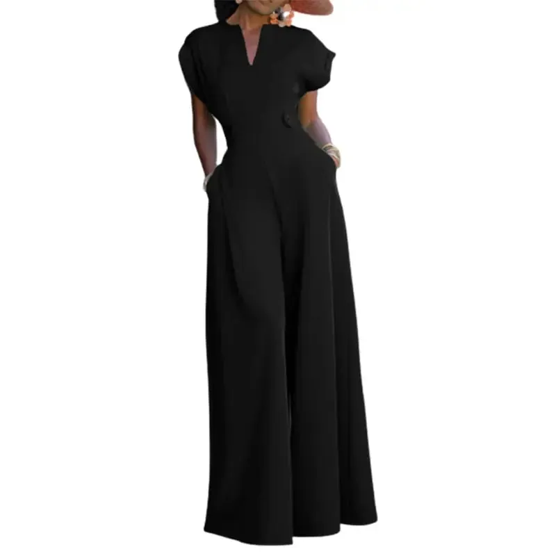 V-Neck Cap Sleeve Waist Accented Wide Leg Jumpsuit