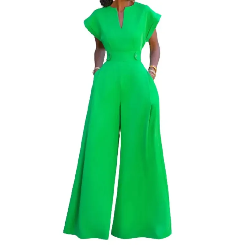 V-Neck Cap Sleeve Waist Accented Wide Leg Jumpsuit