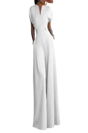 V-Neck Cap Sleeve Waist Accented Wide Leg Jumpsuit