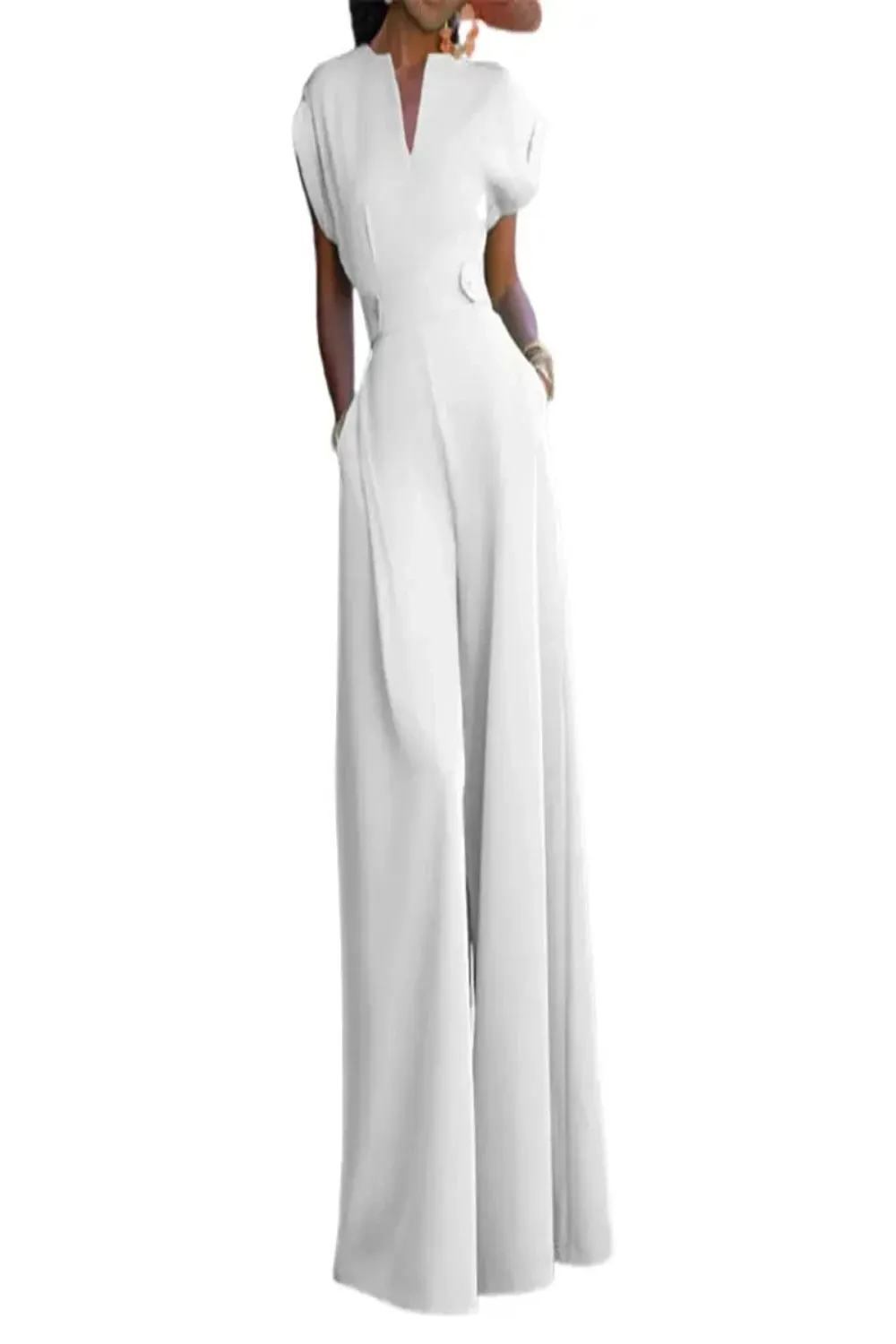 V-Neck Cap Sleeve Waist Accented Wide Leg Jumpsuit