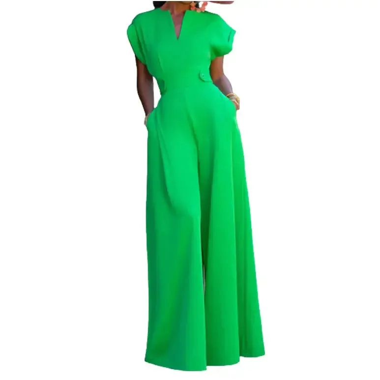 V-Neck Cap Sleeve Waist Accented Wide Leg Jumpsuit