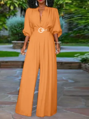 V-Neck Wide Leg Pants Long Pleated Jumpsuits
