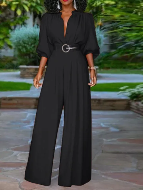 V-Neck Wide Leg Pants Long Pleated Jumpsuits