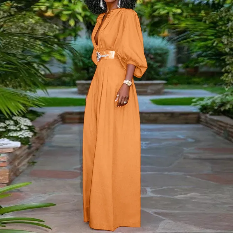V-Neck Wide Leg Pants Long Pleated Jumpsuits