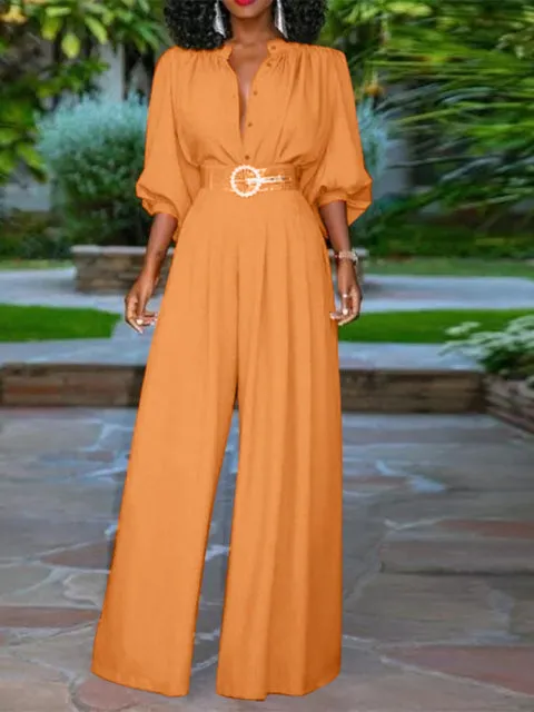 V-Neck Wide Leg Pants Long Pleated Jumpsuits