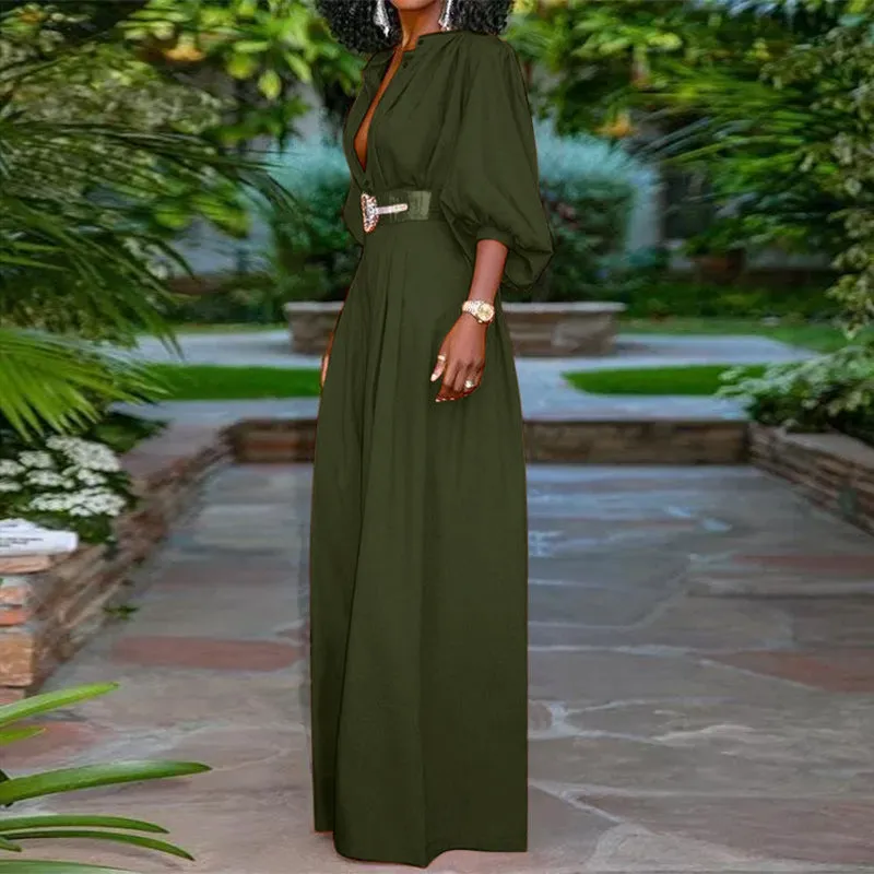 V-Neck Wide Leg Pants Long Pleated Jumpsuits