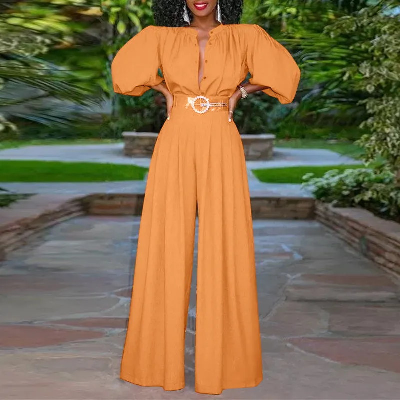 V-Neck Wide Leg Pants Long Pleated Jumpsuits