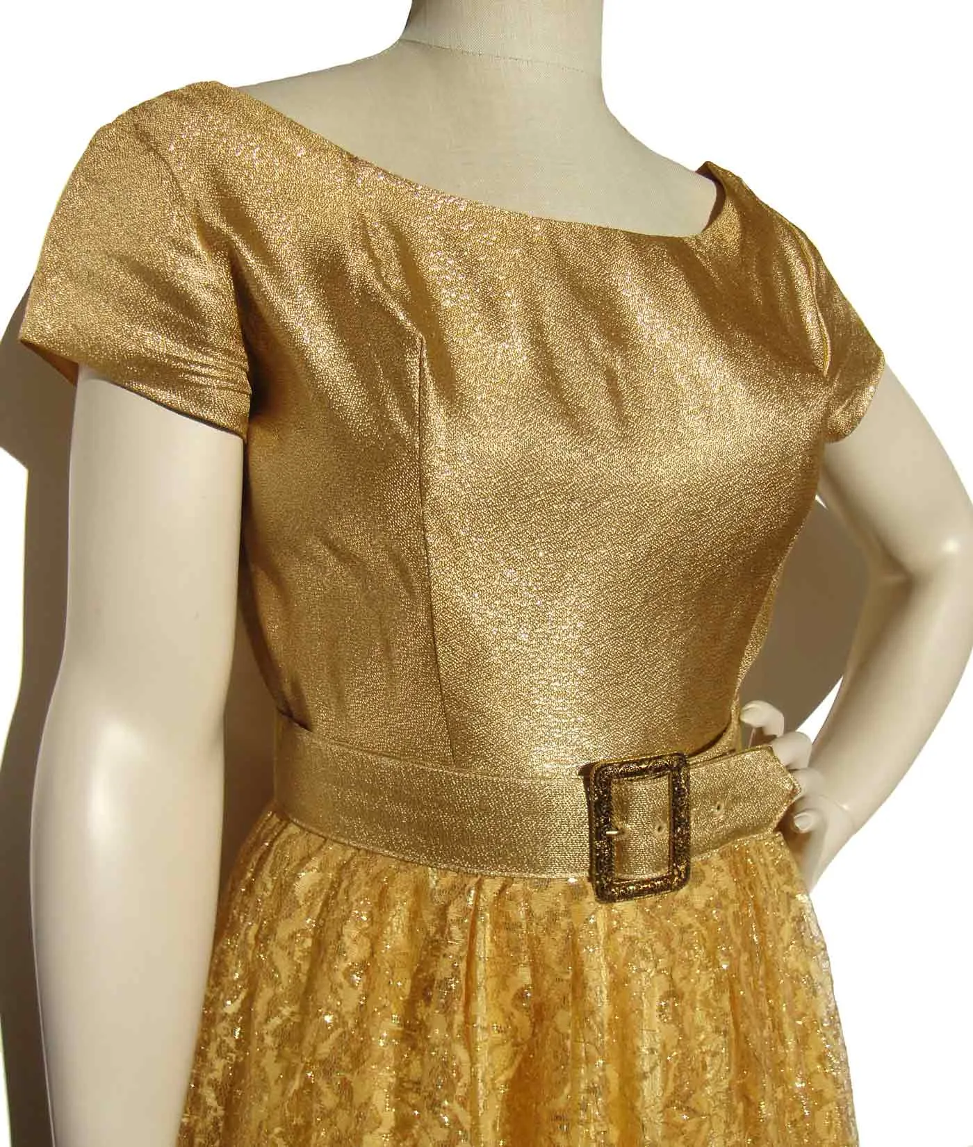 Vintage 60s Gold Dress Metallic & Lace Cocktail Party M