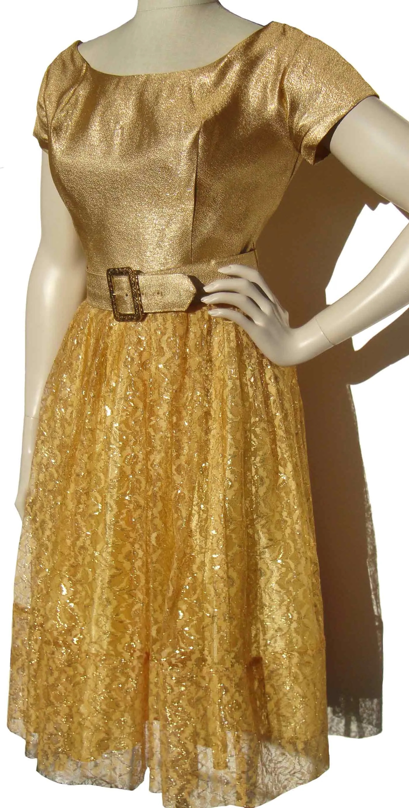Vintage 60s Gold Dress Metallic & Lace Cocktail Party M