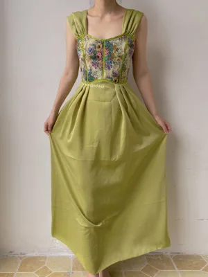 Vintage Green Floral Corset Midi Dress