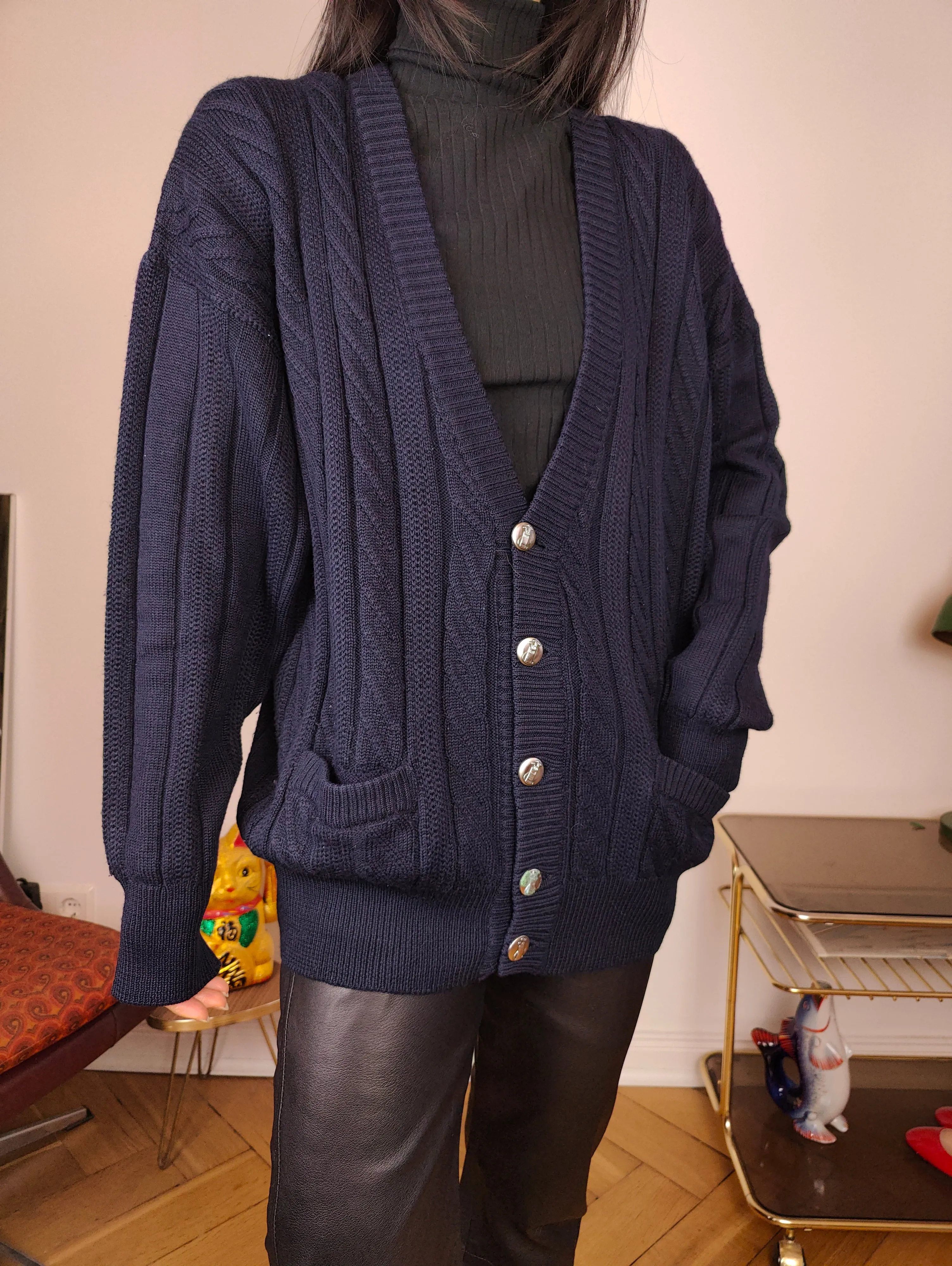 Vintage wool cardigan M | navy blue cable knit knitted golf sweater jacket women men unisex