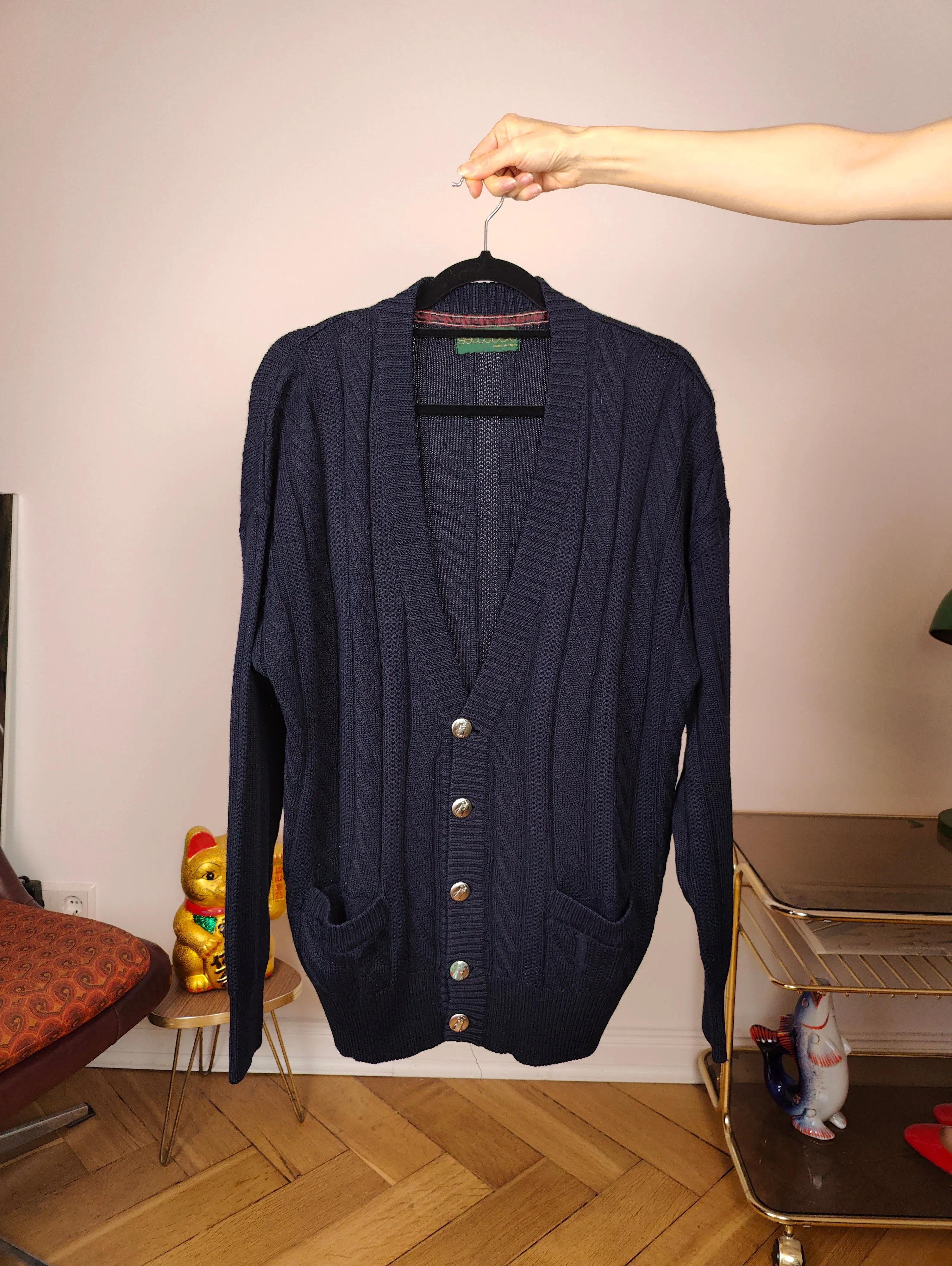 Vintage wool cardigan M | navy blue cable knit knitted golf sweater jacket women men unisex