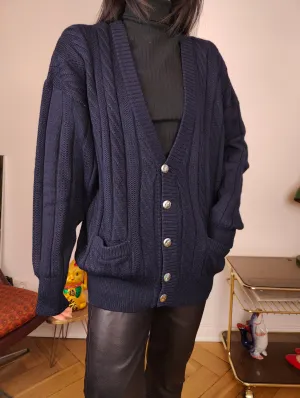 Vintage wool cardigan M | navy blue cable knit knitted golf sweater jacket women men unisex