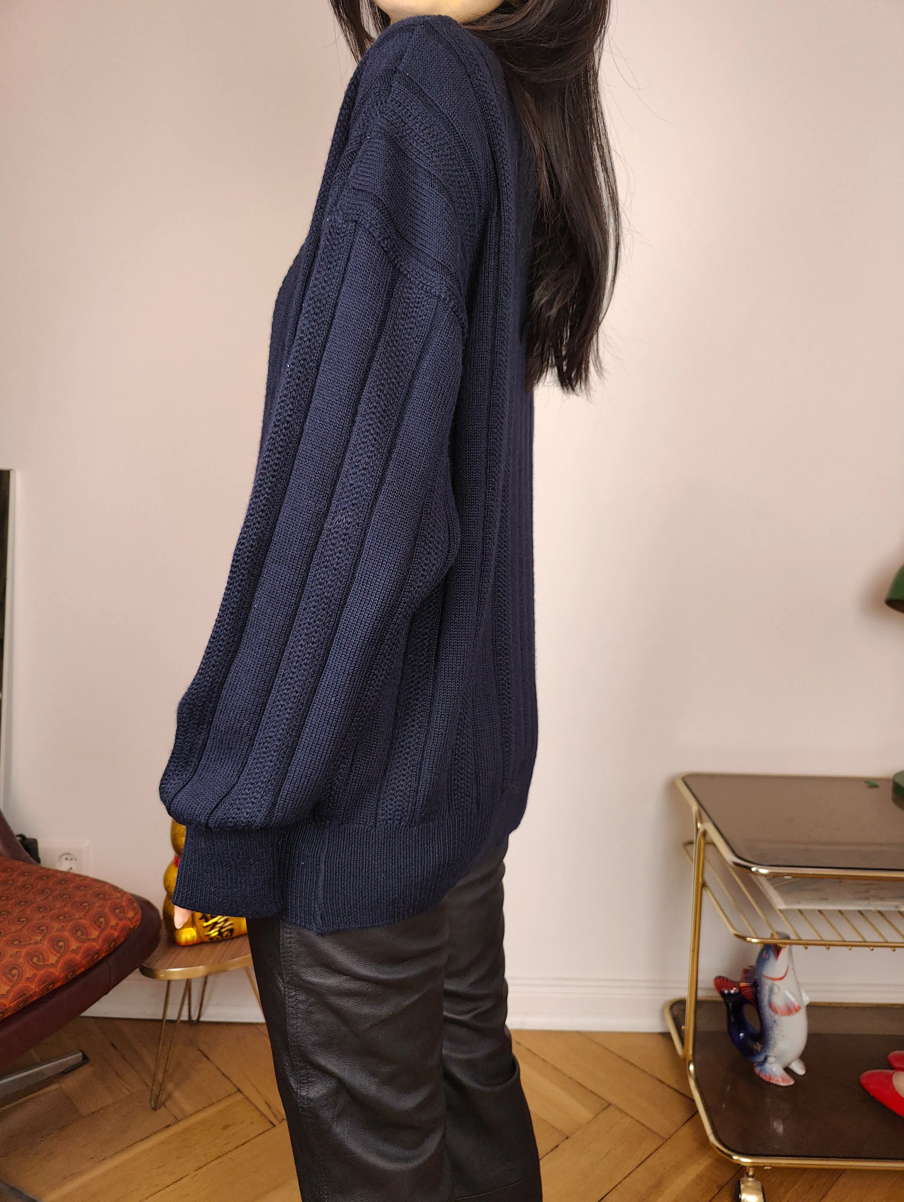 Vintage wool cardigan M | navy blue cable knit knitted golf sweater jacket women men unisex