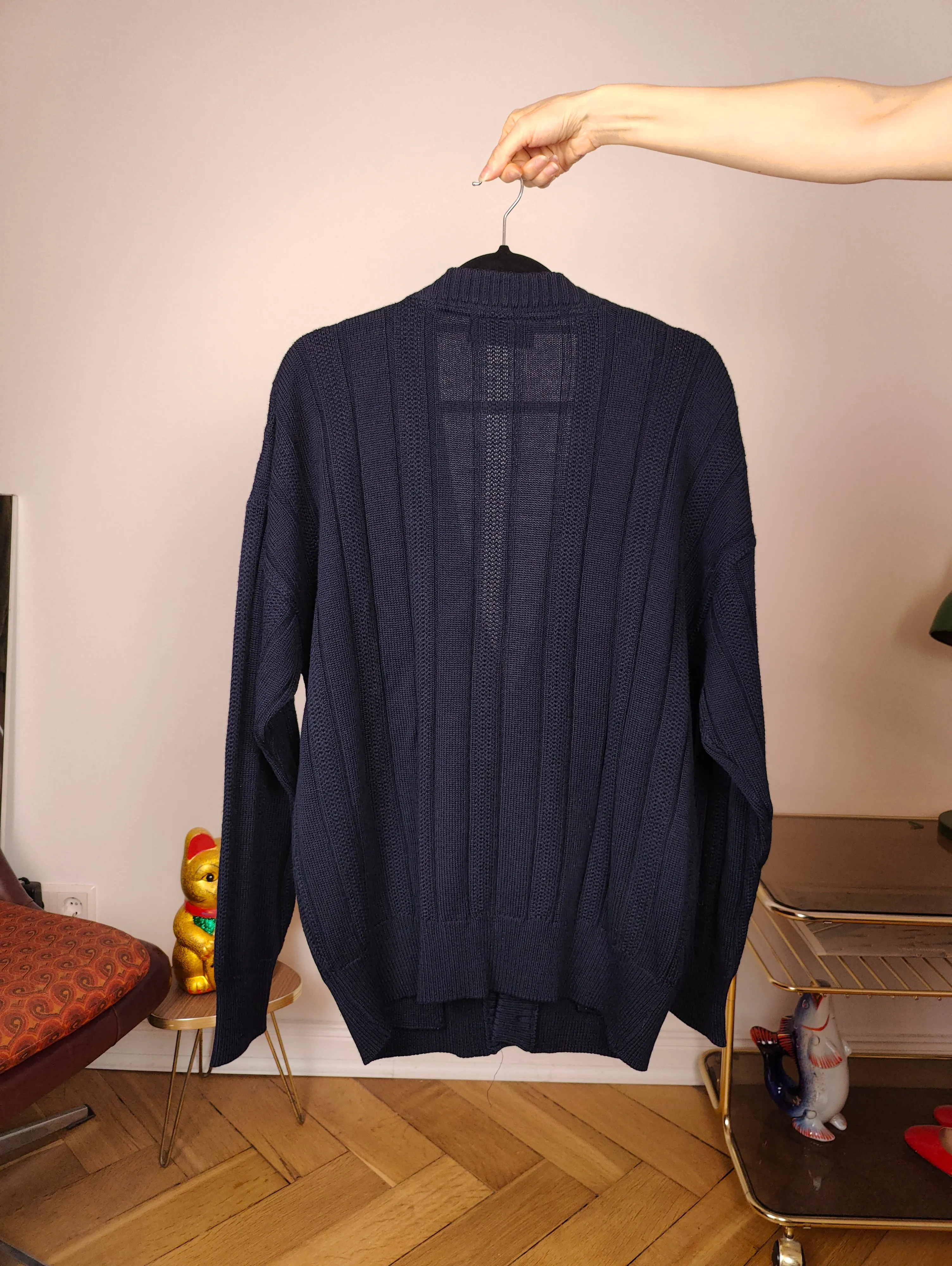 Vintage wool cardigan M | navy blue cable knit knitted golf sweater jacket women men unisex