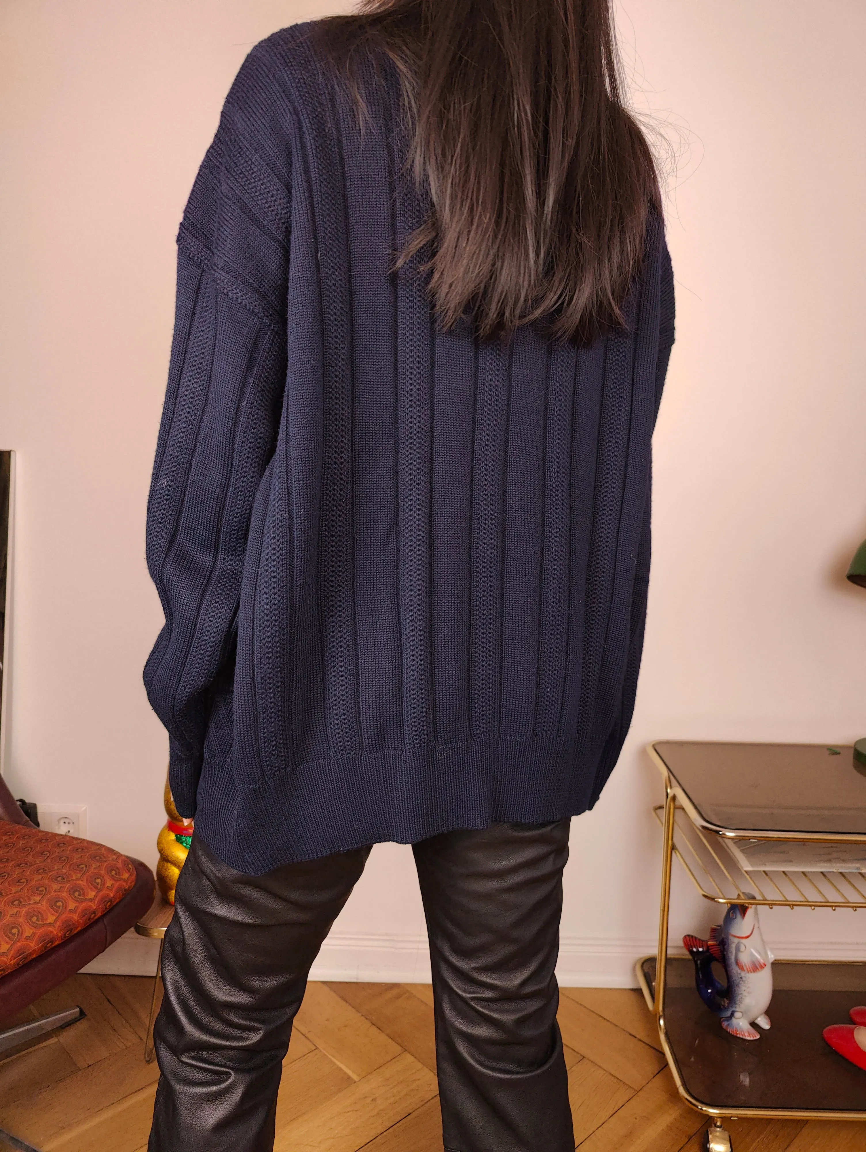 Vintage wool cardigan M | navy blue cable knit knitted golf sweater jacket women men unisex