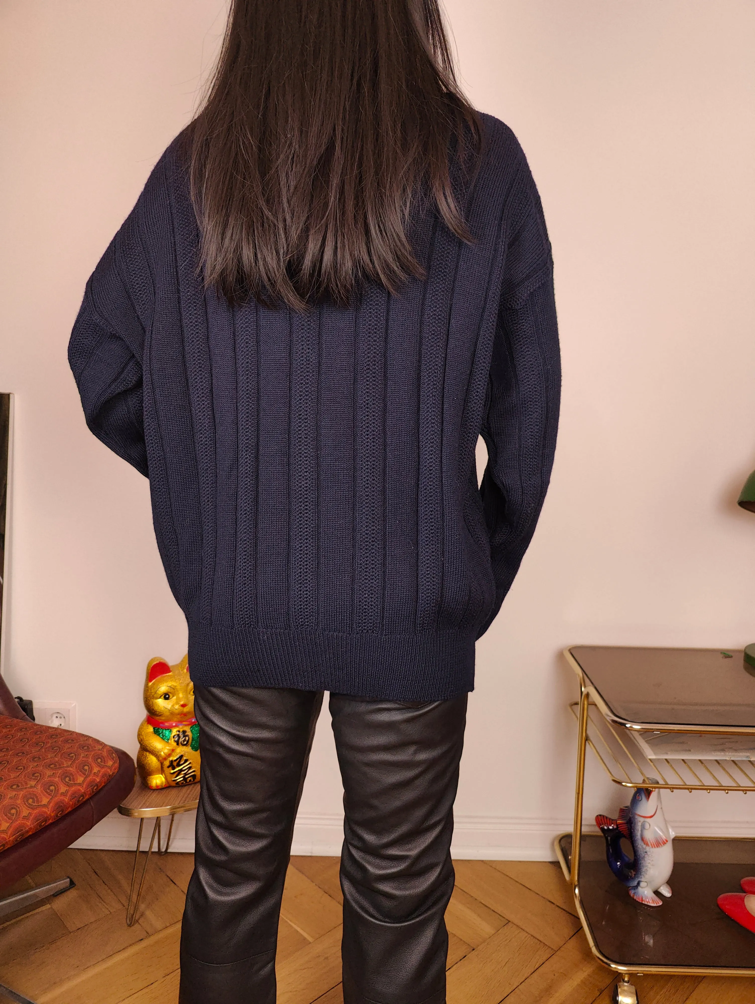 Vintage wool cardigan M | navy blue cable knit knitted golf sweater jacket women men unisex