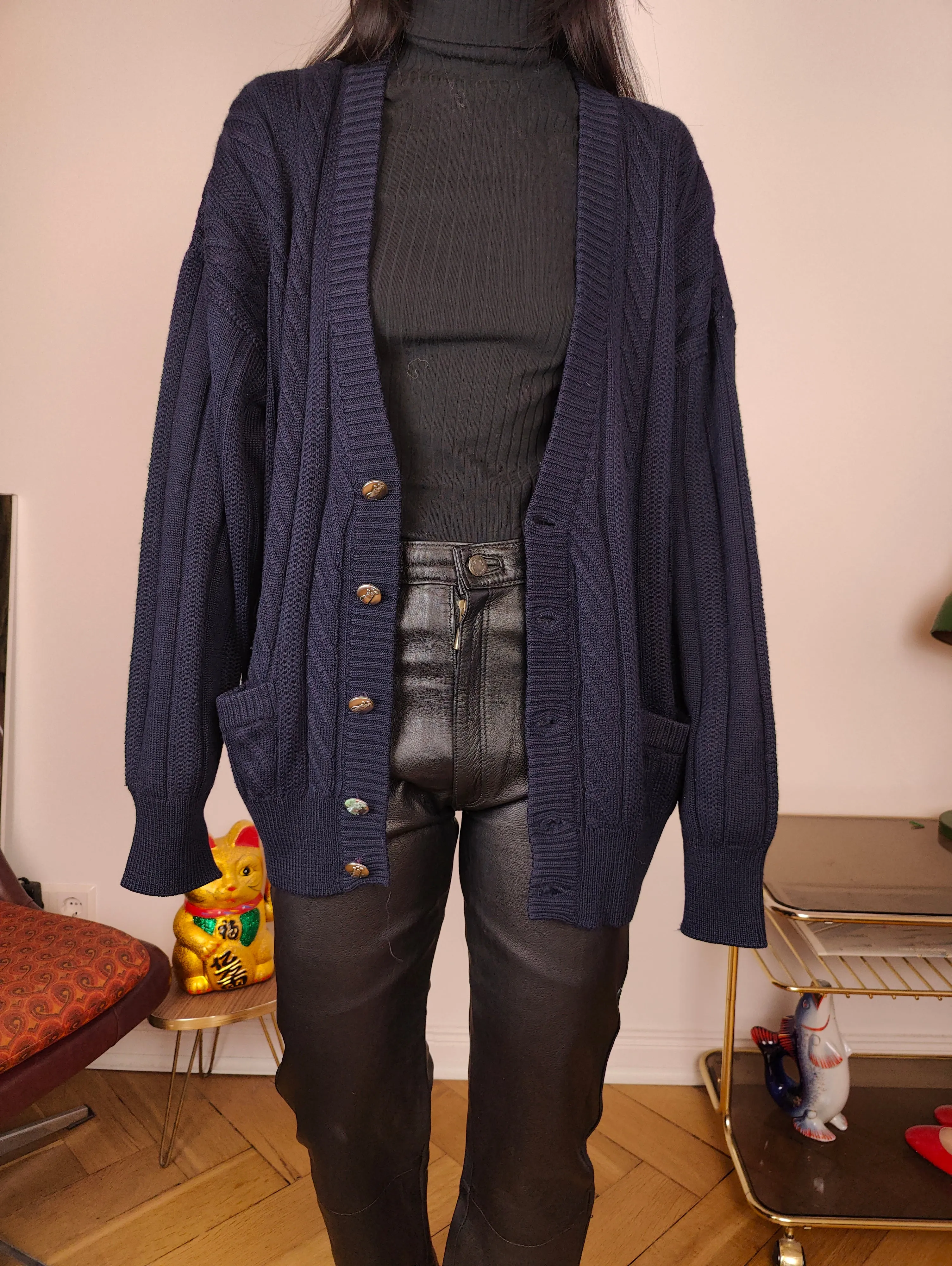 Vintage wool cardigan M | navy blue cable knit knitted golf sweater jacket women men unisex
