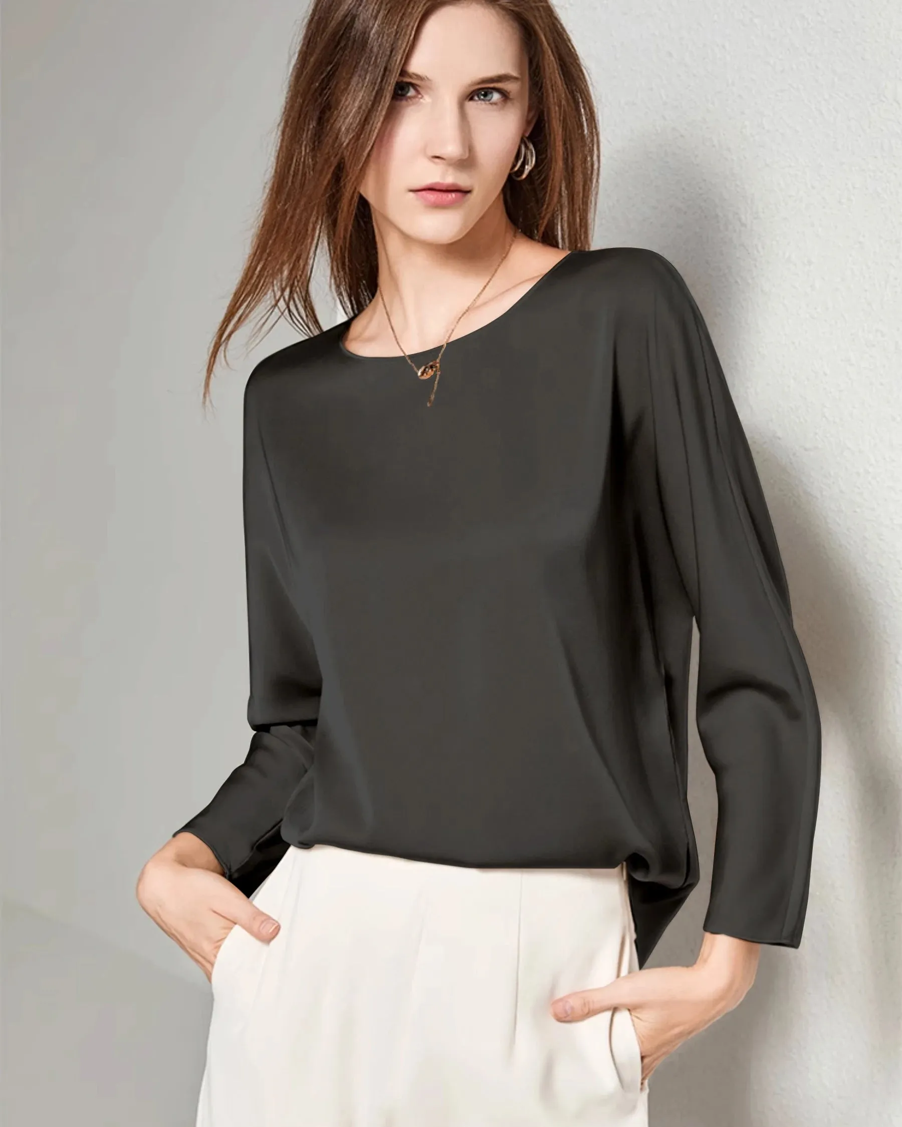 Women Basic Round Neck Silk Blouse