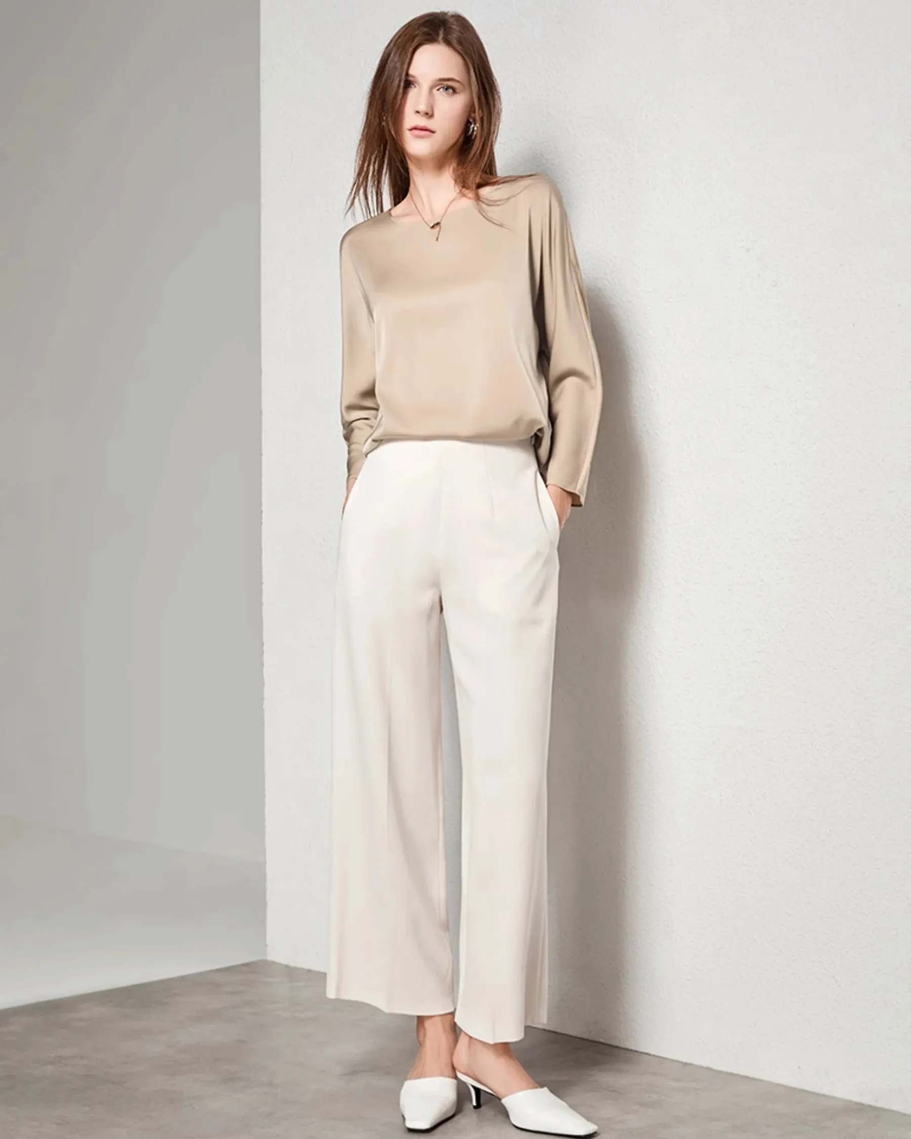 Women Basic Round Neck Silk Blouse