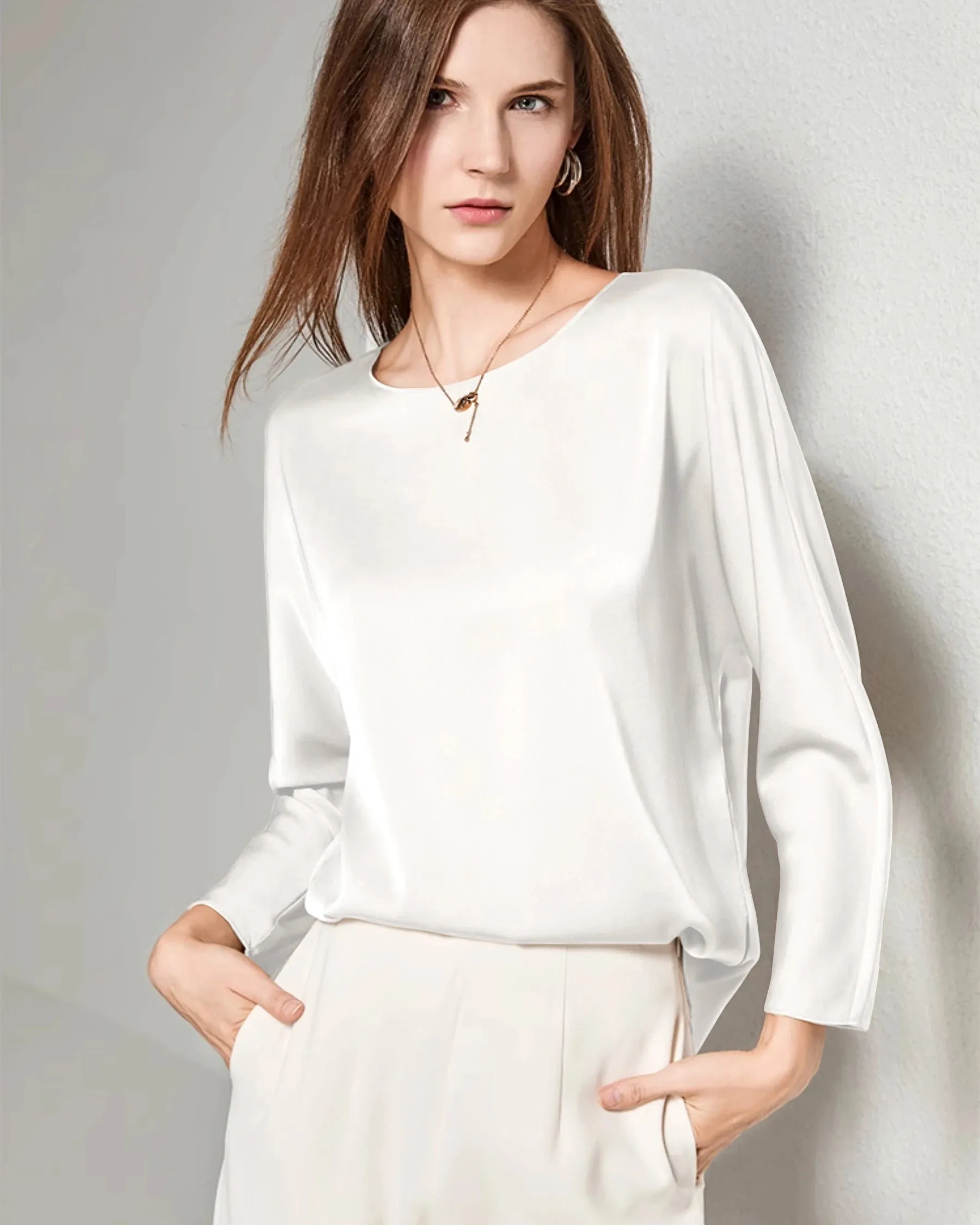 Women Basic Round Neck Silk Blouse