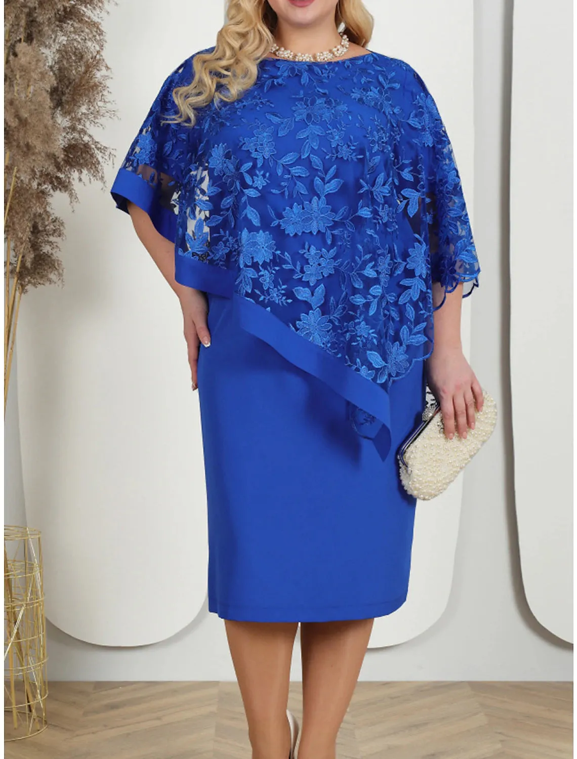 Women's Plus Size Curve Party Dress Lace Dress Cocktail Dress Midi Dress Pink Blue Half Sleeve Floral Lace Summer Spring Fall Crew Neck Fashion Birthday Wedding Guest Vacation