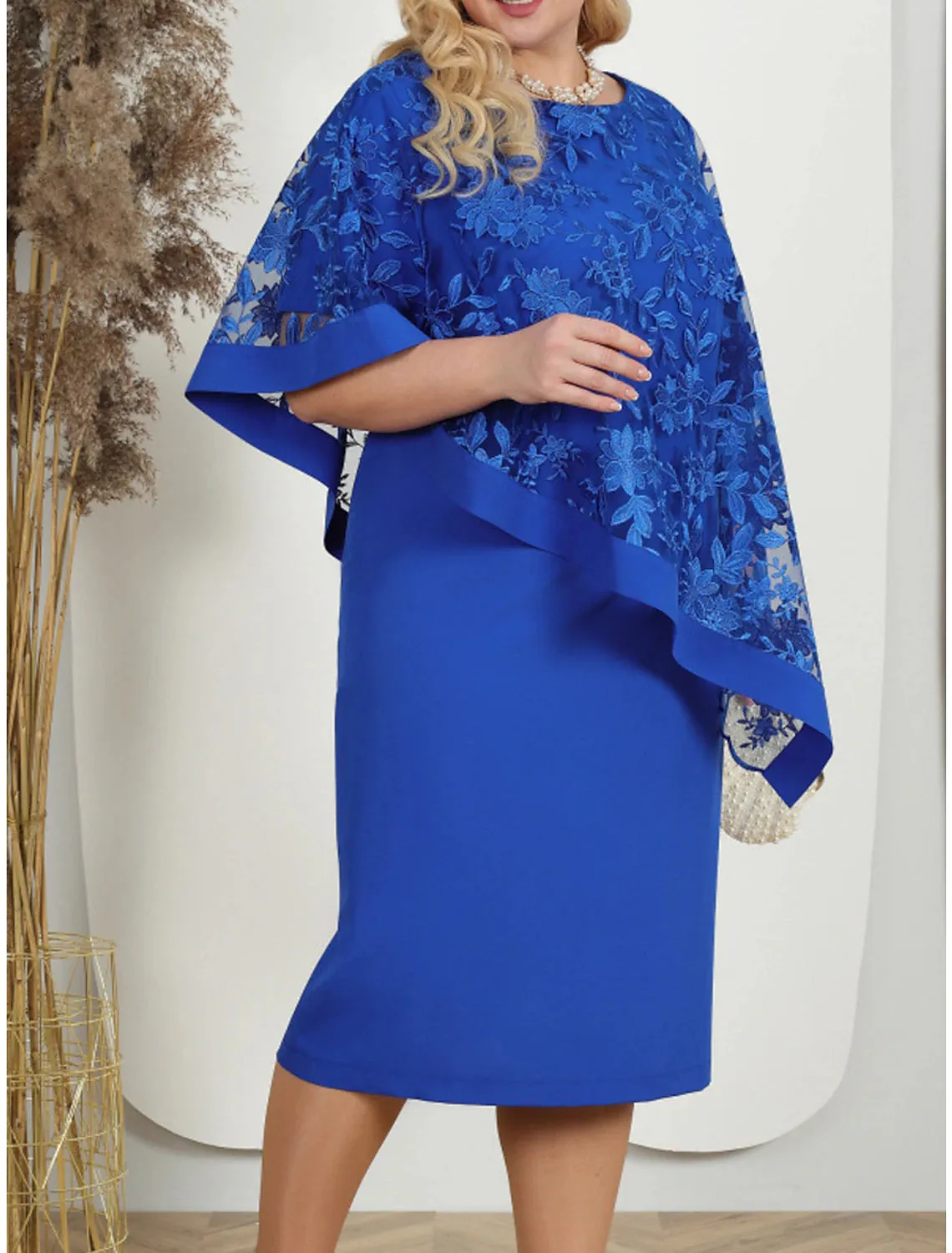 Women's Plus Size Curve Party Dress Lace Dress Cocktail Dress Midi Dress Pink Blue Half Sleeve Floral Lace Summer Spring Fall Crew Neck Fashion Birthday Wedding Guest Vacation
