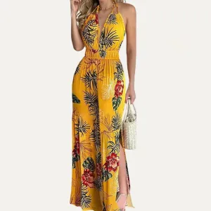 Women’s Tropical Leaf Print Yellow Halter Sleeveless Wide-Leg Jumpsuit - YELLOW