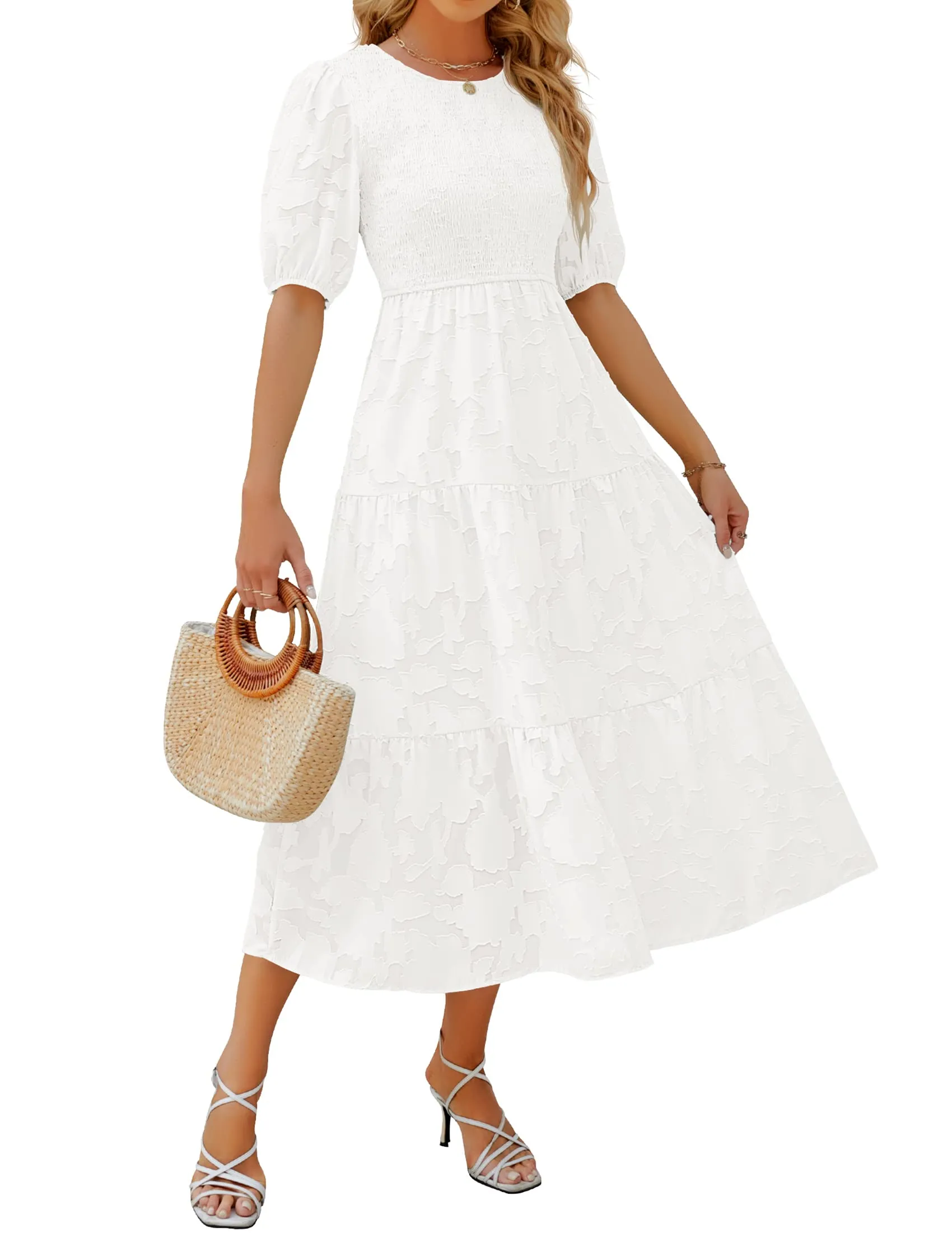 ZESICA Floral Lace Flowy Short Sleeve Smocked Midi Dress