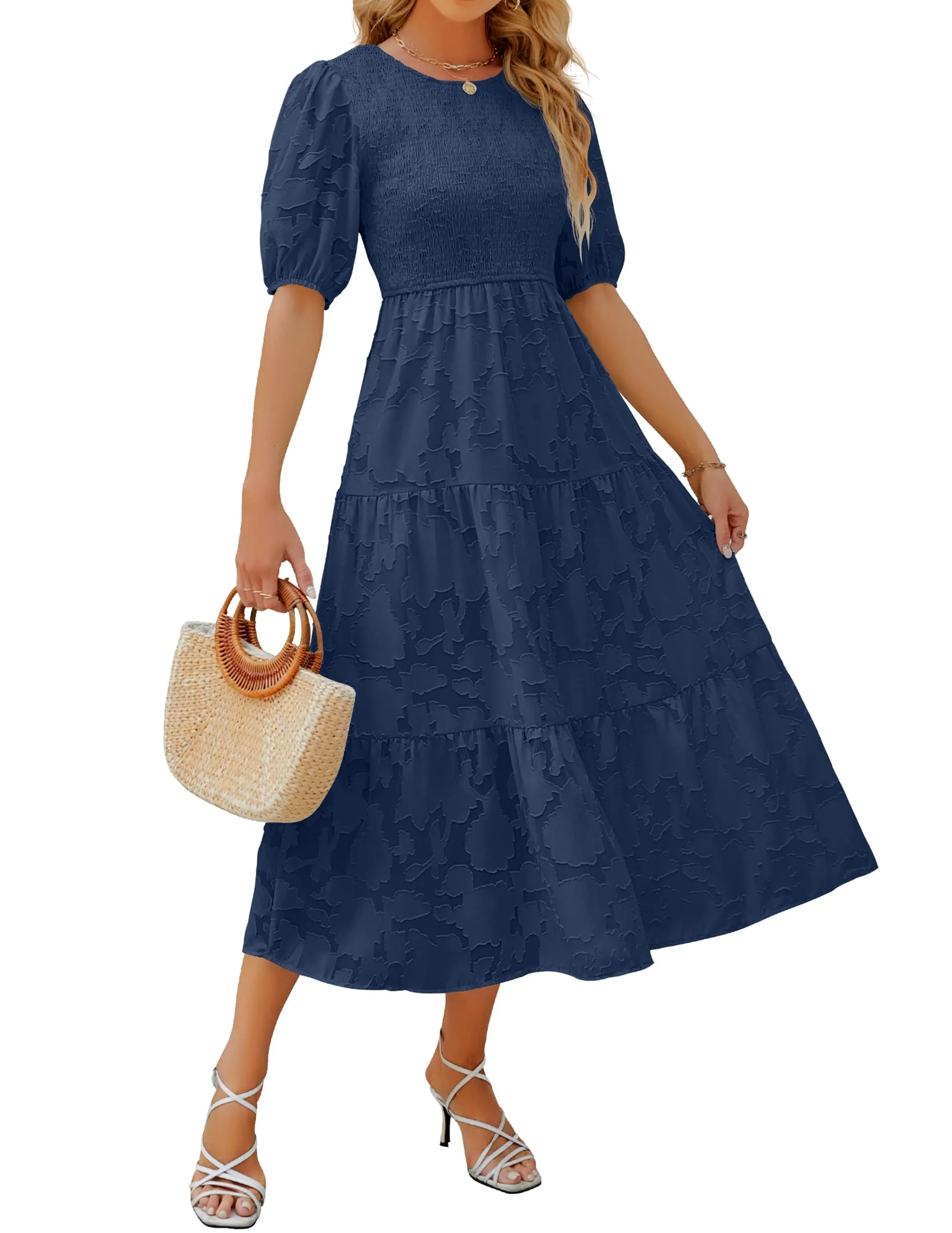 ZESICA Floral Lace Flowy Short Sleeve Smocked Midi Dress
