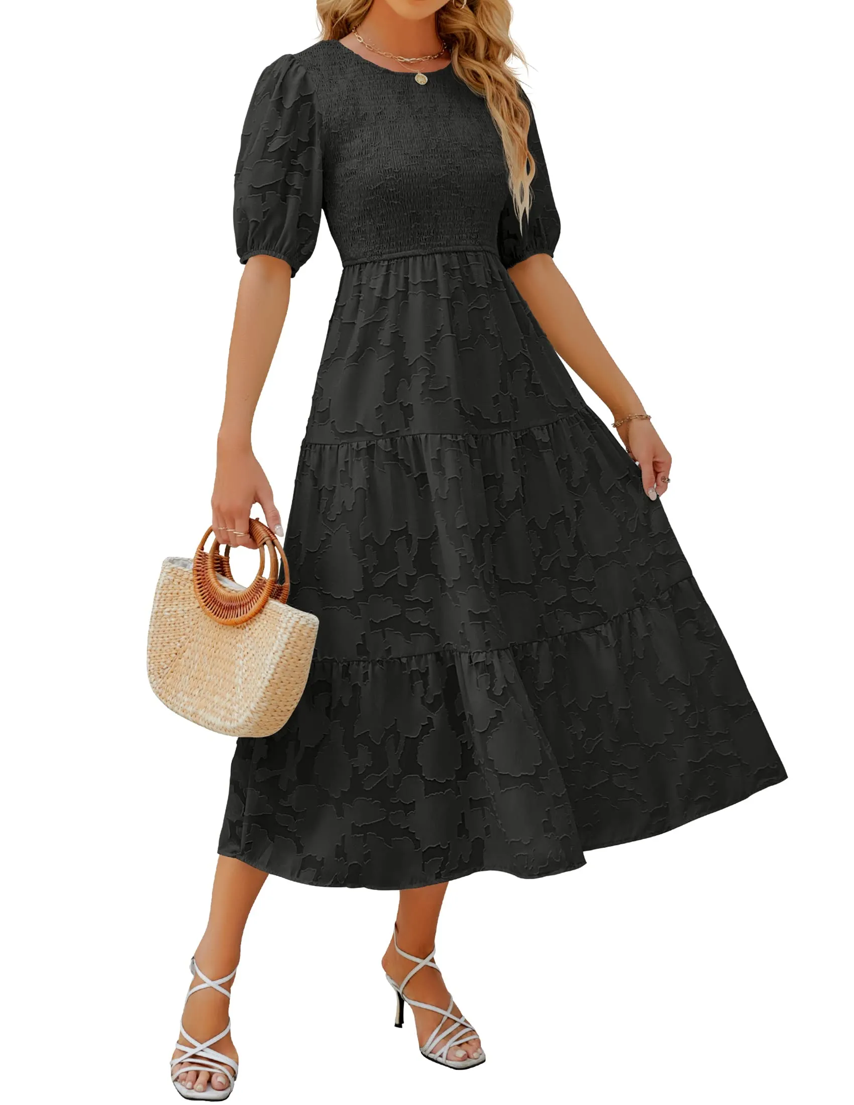 ZESICA Floral Lace Flowy Short Sleeve Smocked Midi Dress