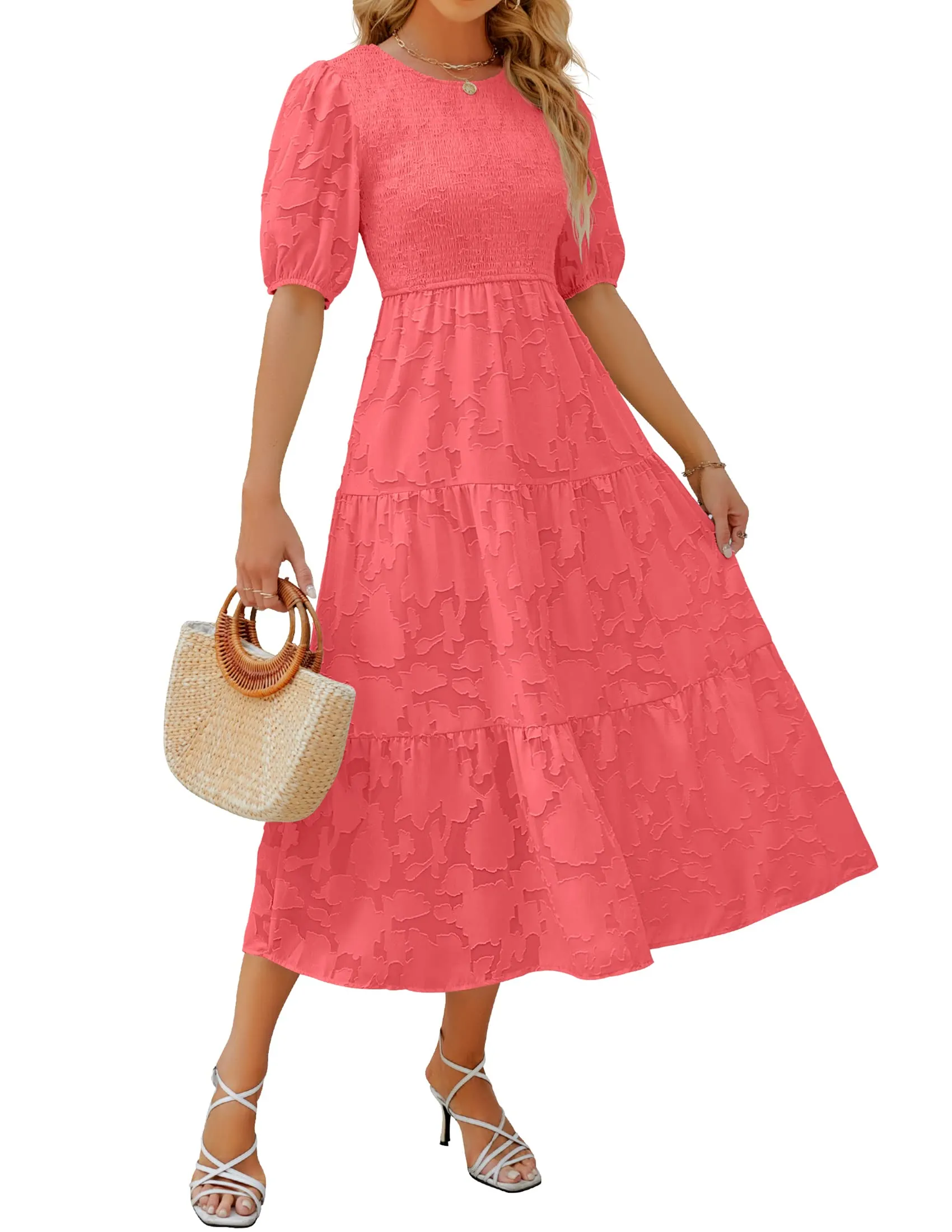 ZESICA Floral Lace Flowy Short Sleeve Smocked Midi Dress