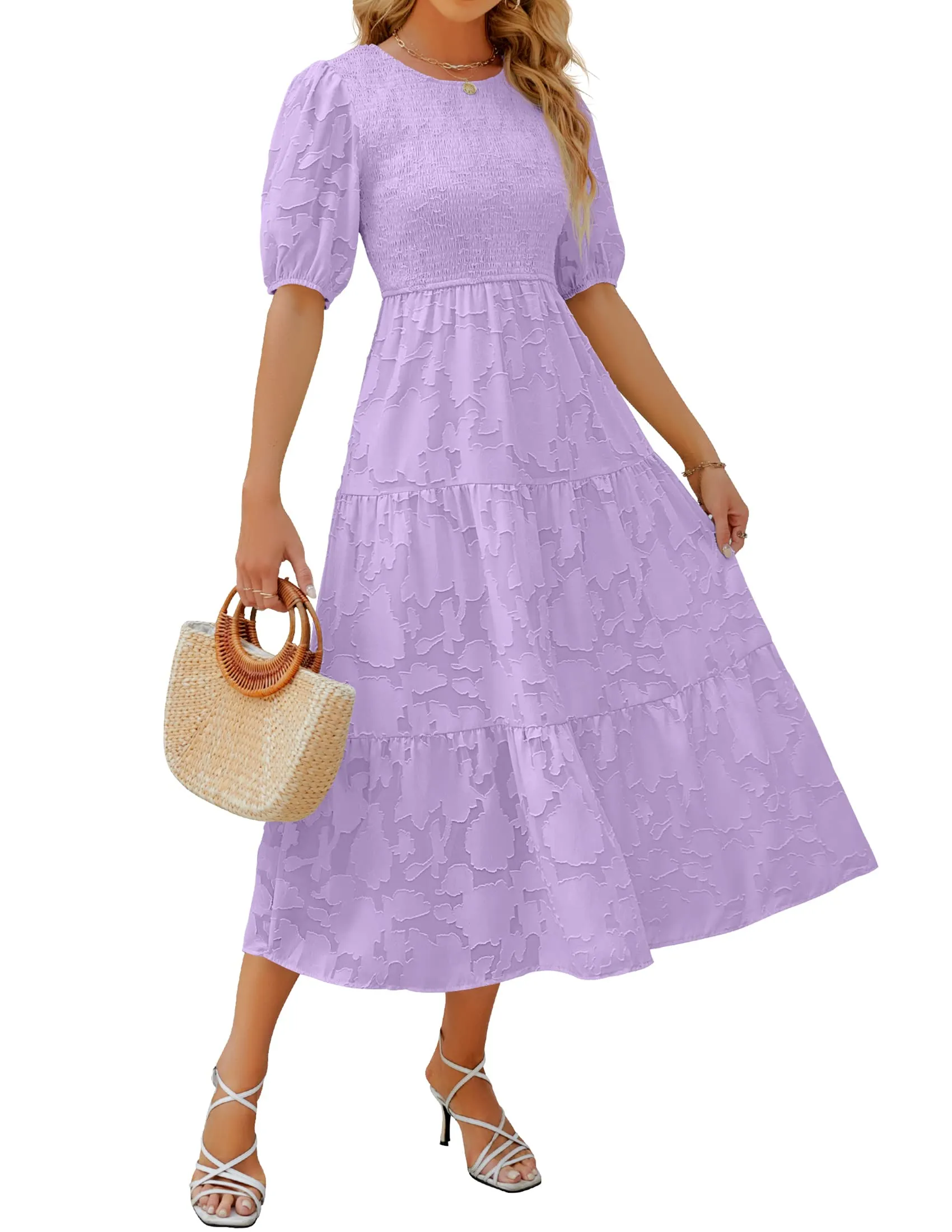 ZESICA Floral Lace Flowy Short Sleeve Smocked Midi Dress
