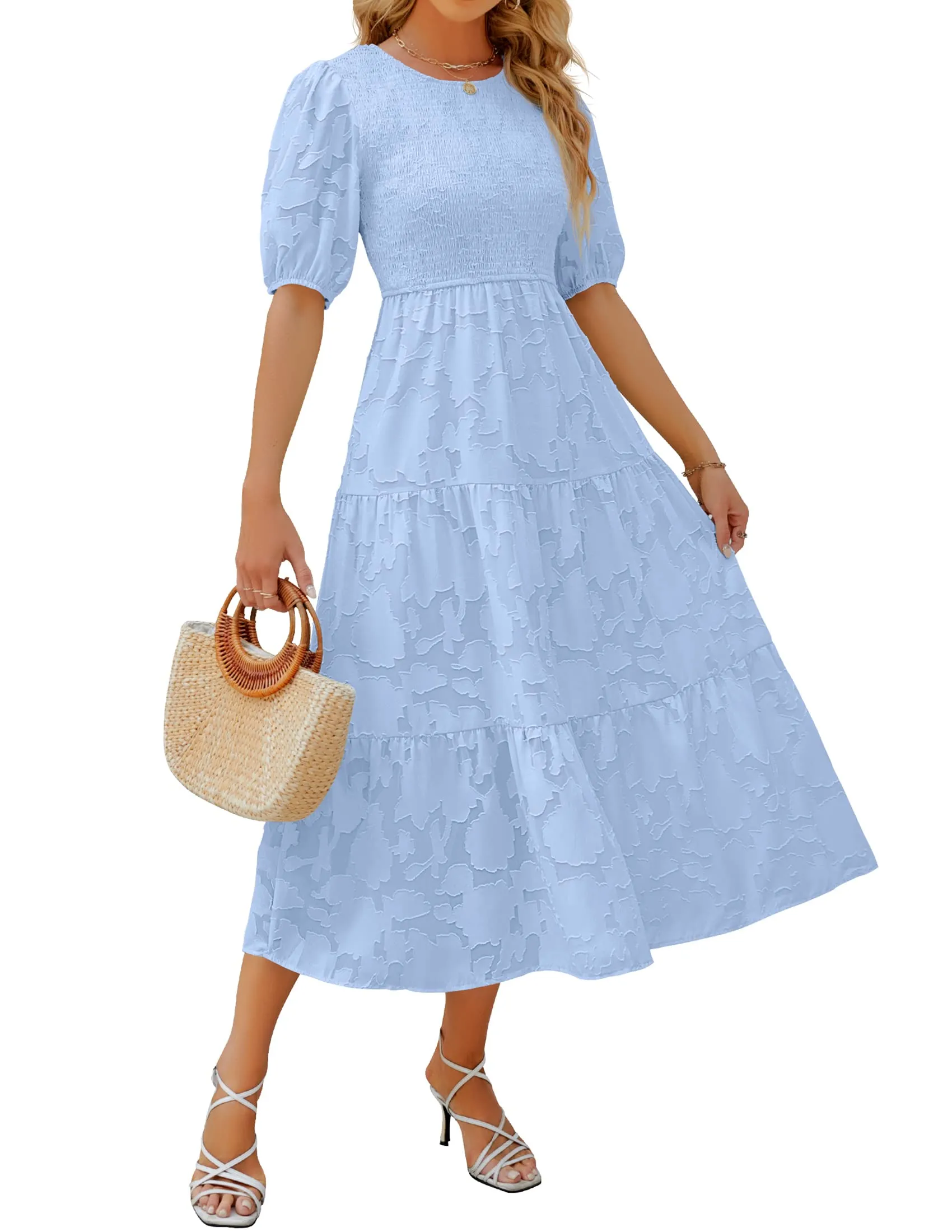 ZESICA Floral Lace Flowy Short Sleeve Smocked Midi Dress