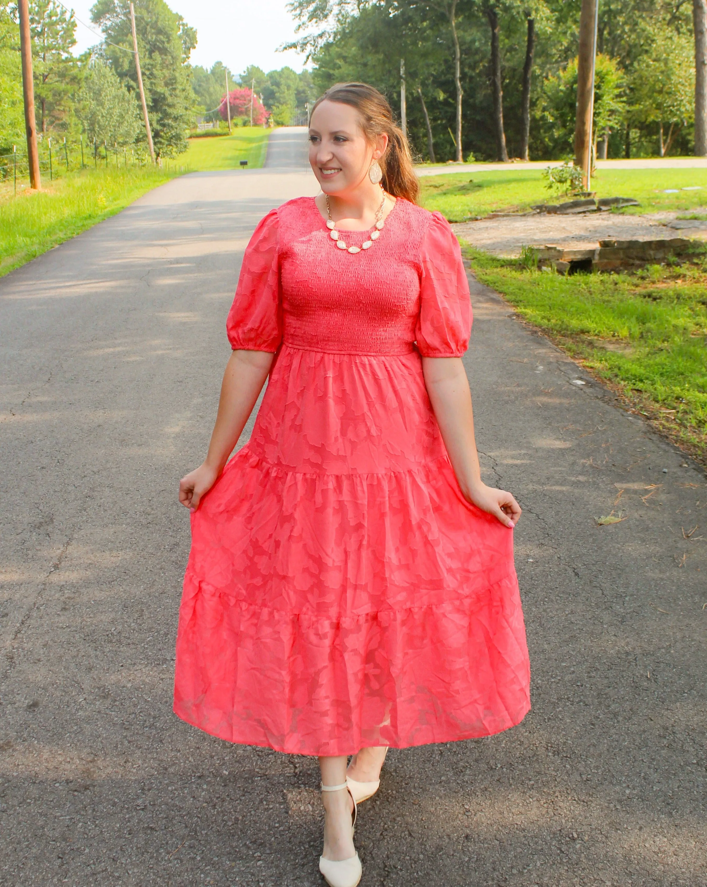 ZESICA Floral Lace Flowy Short Sleeve Smocked Midi Dress