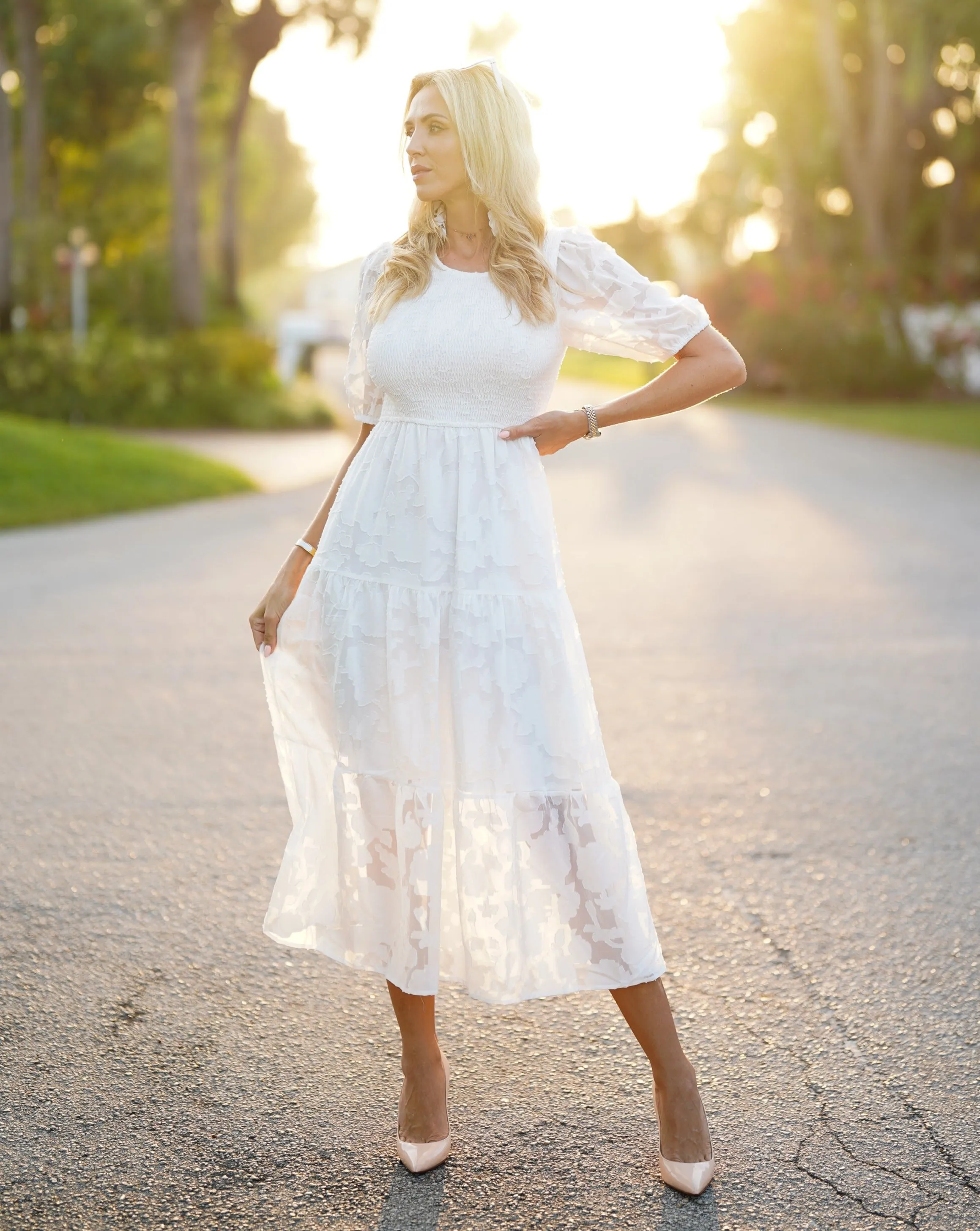 ZESICA Floral Lace Flowy Short Sleeve Smocked Midi Dress